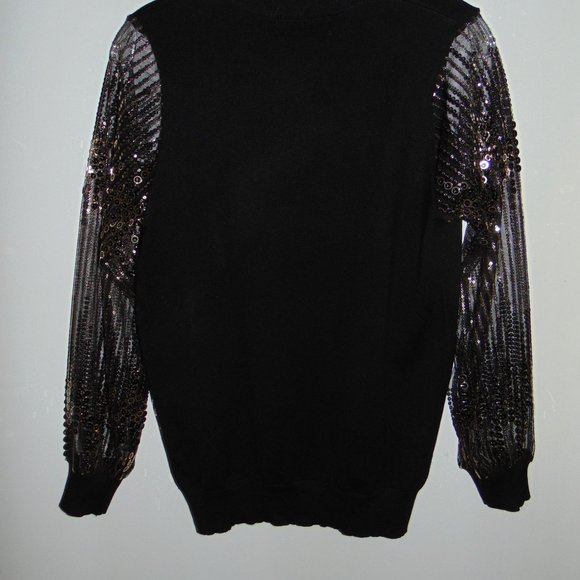 Catherine Malandrino Black Pullover Knit Sweater Blouse Sequin Sheer Sleeves M - Picture 6 of 7